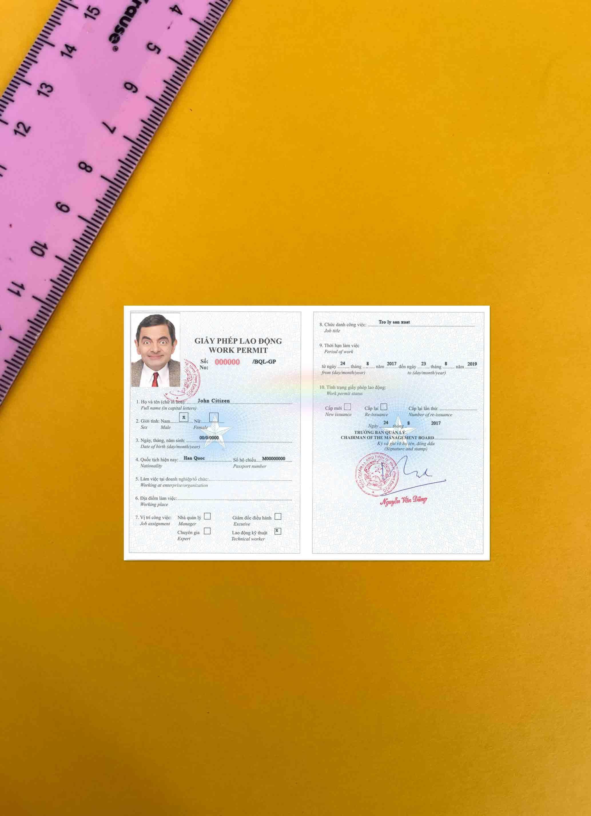 Printable Vietnam work permit version 2 photolook example